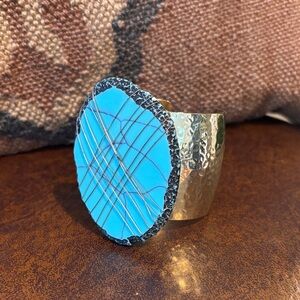 Turquoise and hammered Gold Statement Cuff Bracelet